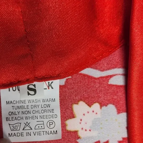 Red Satin Silk Floral Peacock Kimono Robe Wrap Short Sleeve S - Picture 4 of 9